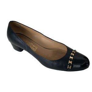 Salvatore Ferragamo Pump Black Leather Round Patent Cap Block Heel Gold Logo 11